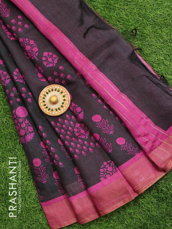 Pure tussar georgette saree black and purple with allover floral prints and zari woven border - {{ collection.title }} by Prashanti Sarees