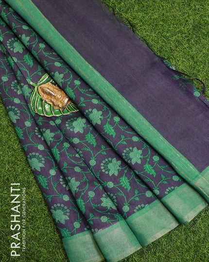 Pure tussar georgette saree blue and teal green with allover floral prints and zari woven border - {{ collection.title }} by Prashanti Sarees