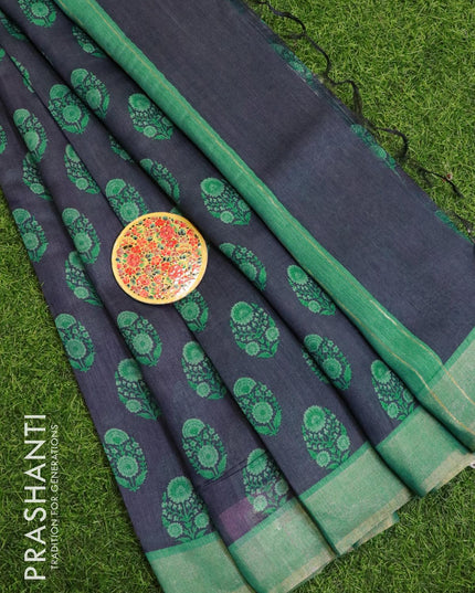 Pure tussar georgette saree blue and teal green with allover floral prints and zari woven border - {{ collection.title }} by Prashanti Sarees