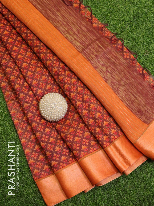 Pure tussar georgette saree brown and rustic orange with allover floral prints and contrast border - {{ collection.title }} by Prashanti Sarees