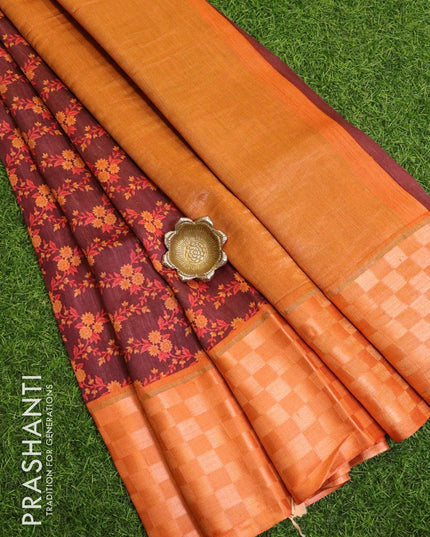 Pure tussar georgette saree deep maroon and peach orange with allover floral prints and contrast border - {{ collection.title }} by Prashanti Sarees
