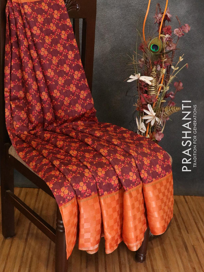 Pure tussar georgette saree deep maroon and peach orange with allover floral prints and contrast border - {{ collection.title }} by Prashanti Sarees