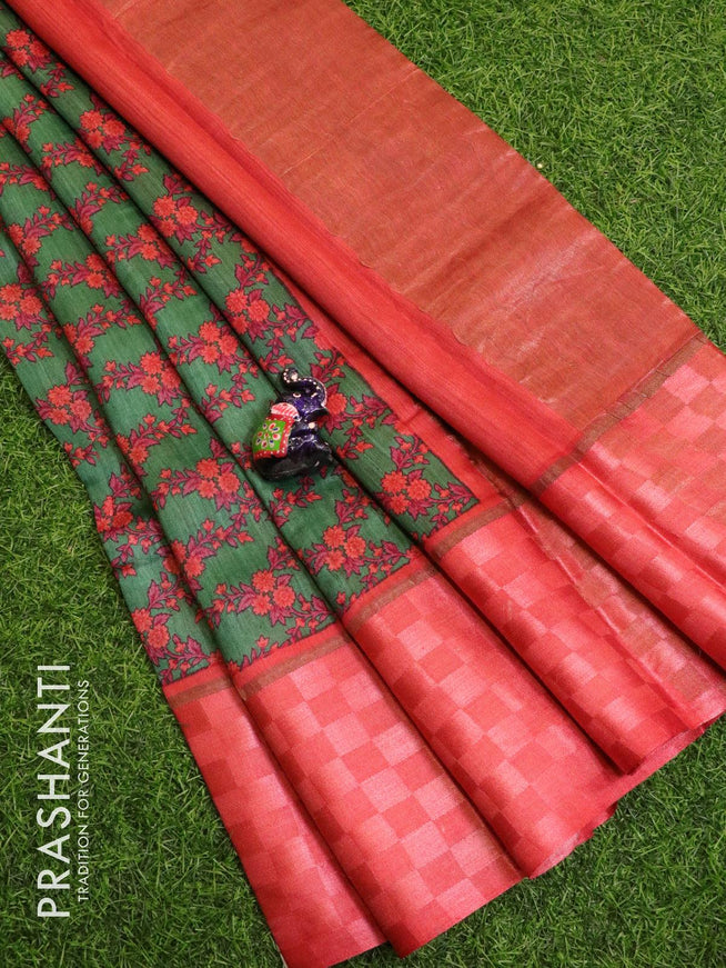 Pure tussar georgette saree green and red with allover floral prints and contrast border - {{ collection.title }} by Prashanti Sarees