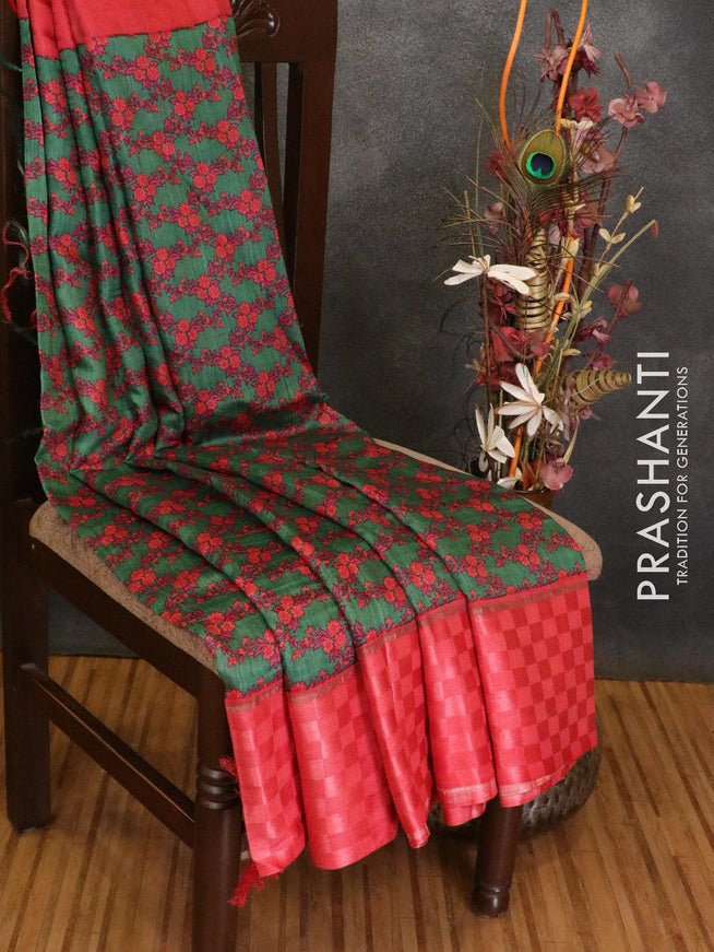 Pure tussar georgette saree green and red with allover floral prints and contrast border - {{ collection.title }} by Prashanti Sarees