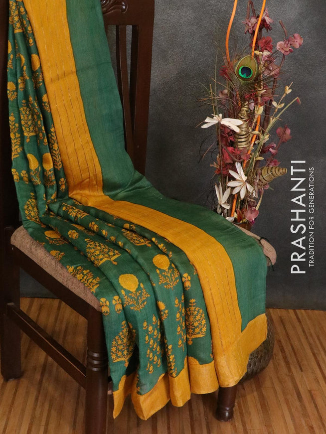 Pure tussar georgette saree green and yellow with allover floral prints and zari woven border - {{ collection.title }} by Prashanti Sarees
