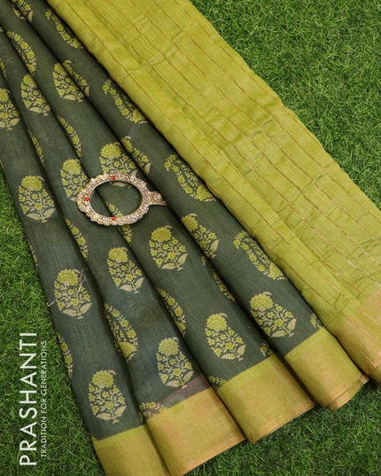 Pure tussar georgette saree green shade and olive green with allover paisley prints and zari woven border - {{ collection.title }} by Prashanti Sarees