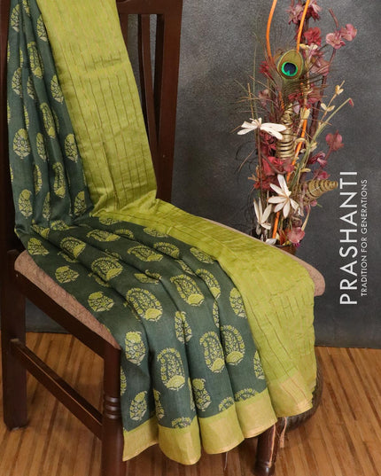 Pure tussar georgette saree green shade and olive green with allover paisley prints and zari woven border - {{ collection.title }} by Prashanti Sarees