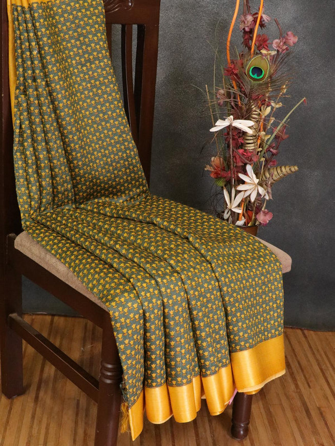 Pure tussar georgette saree green shade and yellow with allover floral prints and contrast border - {{ collection.title }} by Prashanti Sarees