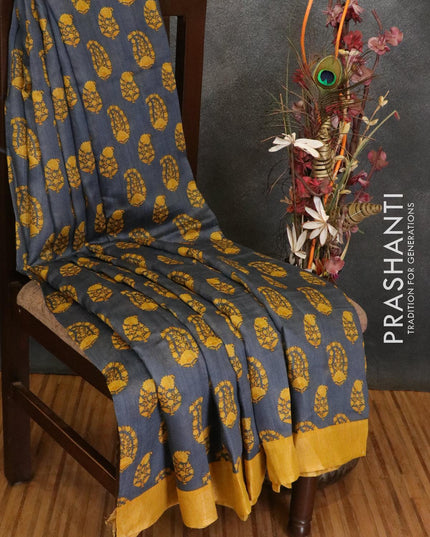 Pure tussar georgette saree grey and mustard yellow with allover paisley prints and zari woven border - {{ collection.title }} by Prashanti Sarees