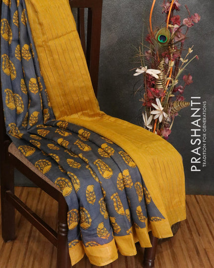 Pure tussar georgette saree grey and mustard yellow with allover paisley prints and zari woven border - {{ collection.title }} by Prashanti Sarees