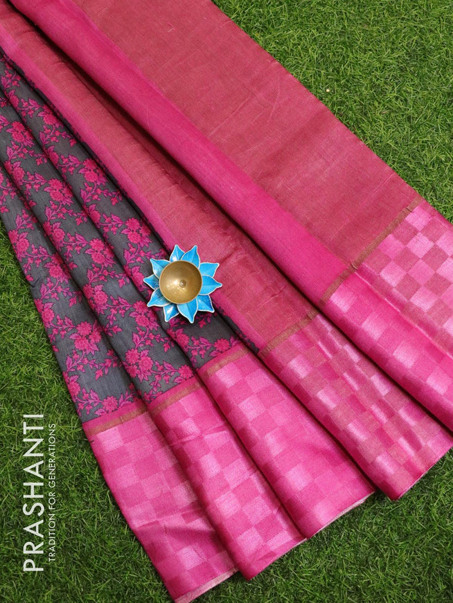 Pure tussar georgette saree grey and pink with allover floral prints and contrast border - {{ collection.title }} by Prashanti Sarees