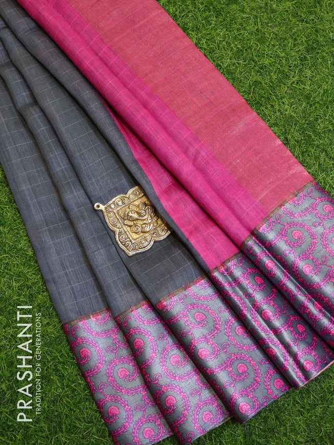 Pure tussar georgette saree grey and pink with plain body and printed border - {{ collection.title }} by Prashanti Sarees