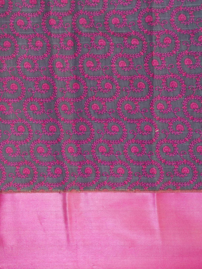 Pure tussar georgette saree grey and pink with plain body and printed border - {{ collection.title }} by Prashanti Sarees