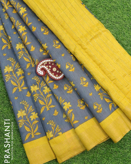 Pure tussar georgette saree grey and yellow with allover floral prints and zari woven border - {{ collection.title }} by Prashanti Sarees