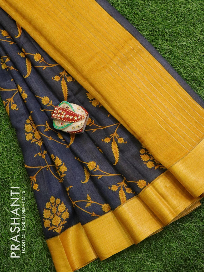 Pure tussar georgette saree greyish blue and yellow with allover floral prints and contrast border - {{ collection.title }} by Prashanti Sarees