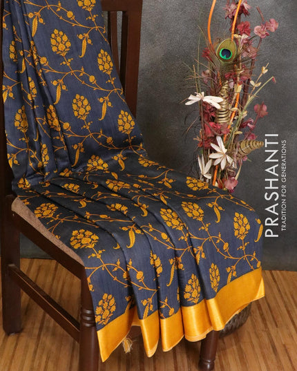 Pure tussar georgette saree greyish blue and yellow with allover floral prints and contrast border - {{ collection.title }} by Prashanti Sarees
