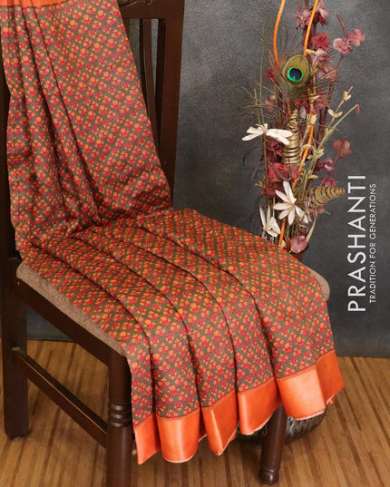Pure tussar georgette saree greyish green and orange with allover floral prints and contrast border - {{ collection.title }} by Prashanti Sarees