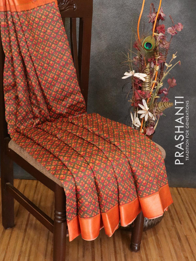 Pure tussar georgette saree greyish green and orange with allover floral prints and contrast border - {{ collection.title }} by Prashanti Sarees