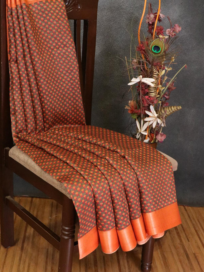 Pure tussar georgette saree greyish green and peach orange with allover floral prints and contrast border - {{ collection.title }} by Prashanti Sarees