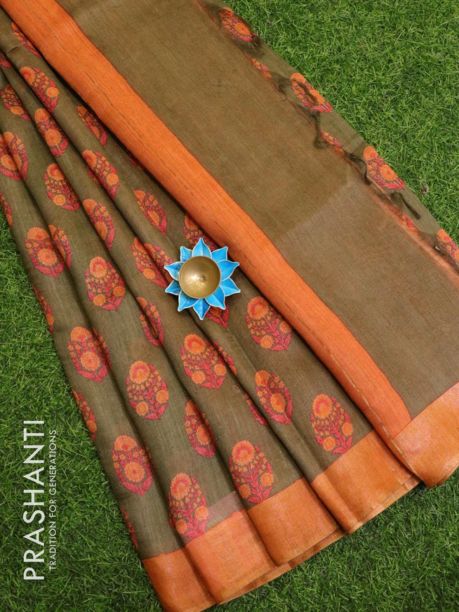 Pure tussar georgette saree greyish green and peach orange with allover floral prints and zari woven border - {{ collection.title }} by Prashanti Sarees