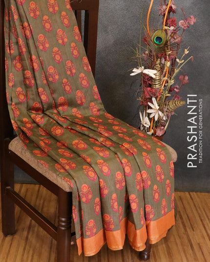 Pure tussar georgette saree greyish green and peach orange with allover floral prints and zari woven border - {{ collection.title }} by Prashanti Sarees