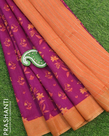 Pure tussar georgette saree magenta pink and rust shade with allover floral prints and zari woven border - {{ collection.title }} by Prashanti Sarees