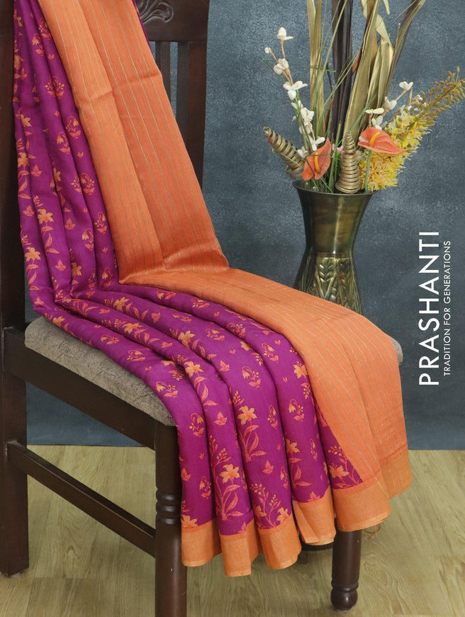 Pure tussar georgette saree magenta pink and rust shade with allover floral prints and zari woven border - {{ collection.title }} by Prashanti Sarees
