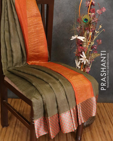 Pure tussar georgette saree military green and rustic orange with plain body and printed border - {{ collection.title }} by Prashanti Sarees