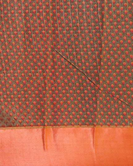 Pure tussar georgette saree military green and rustic orange with plain body and printed border - {{ collection.title }} by Prashanti Sarees
