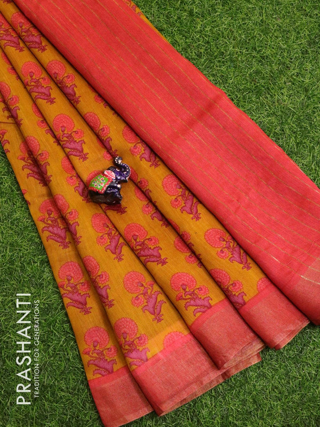 Pure tussar georgette saree mustard yellow and pink with allover floral prints and zari woven border - {{ collection.title }} by Prashanti Sarees