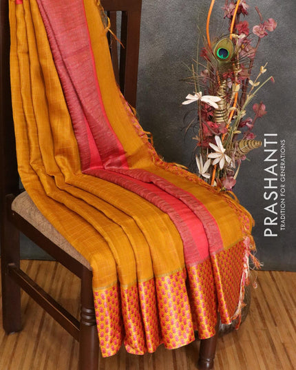 Pure tussar georgette saree mustard yellow and pink with plain body and printed border - {{ collection.title }} by Prashanti Sarees