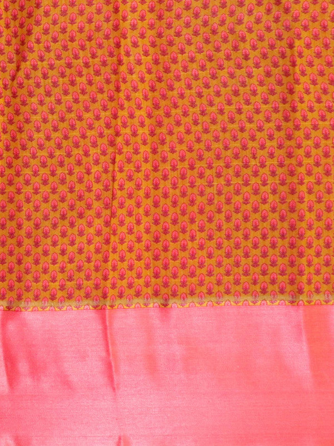 Pure tussar georgette saree mustard yellow and pink with plain body and printed border - {{ collection.title }} by Prashanti Sarees