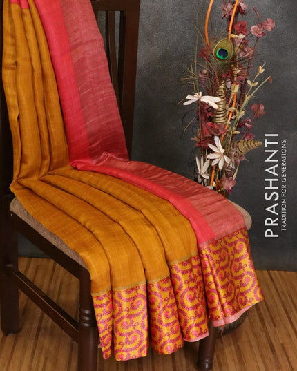 Pure tussar georgette saree mustard yellow and red with plain body and printed border - {{ collection.title }} by Prashanti Sarees