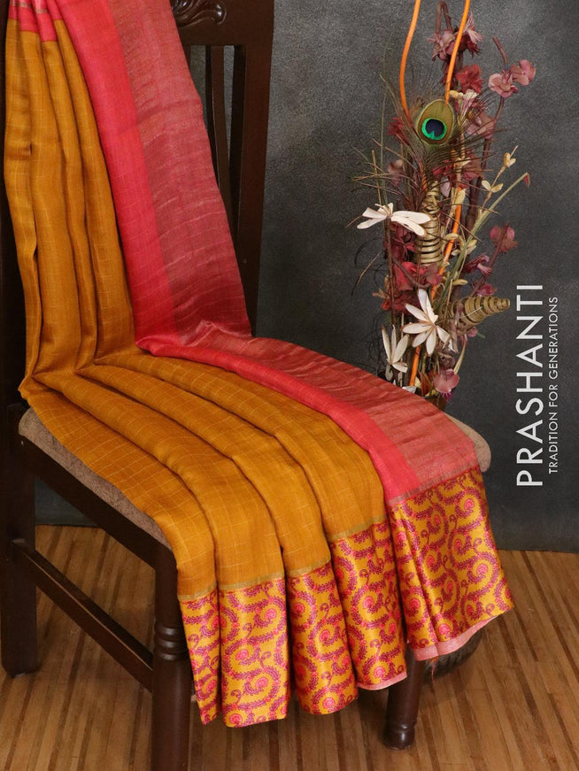 Pure tussar georgette saree mustard yellow and red with plain body and printed border - {{ collection.title }} by Prashanti Sarees