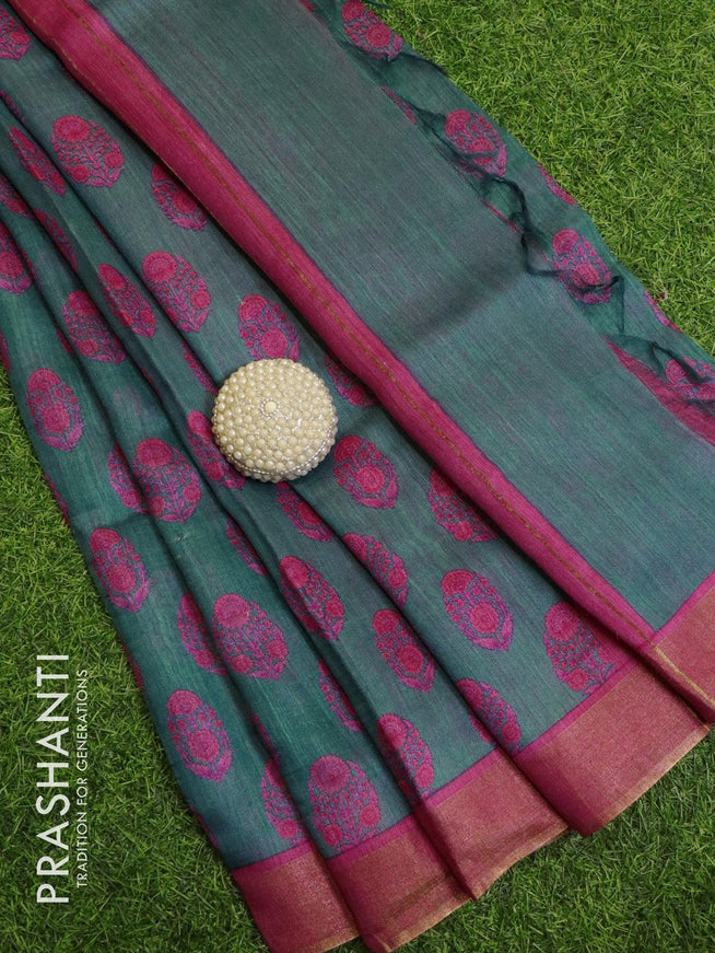Pure tussar georgette saree peacock green and pink with allover floral prints and zari woven border - {{ collection.title }} by Prashanti Sarees