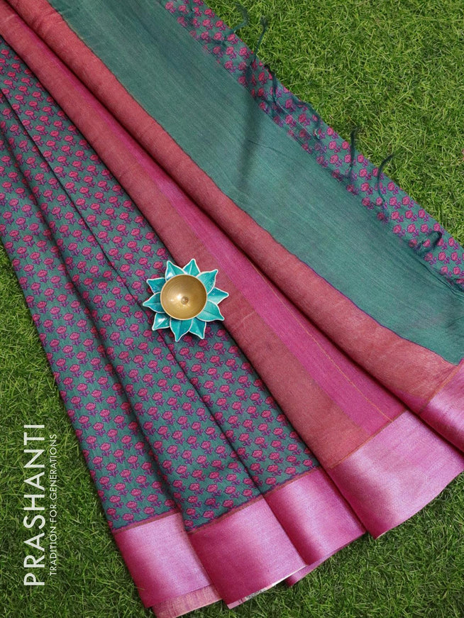 Pure tussar georgette saree peacock green and purple with allover floral prints and contrast border - {{ collection.title }} by Prashanti Sarees