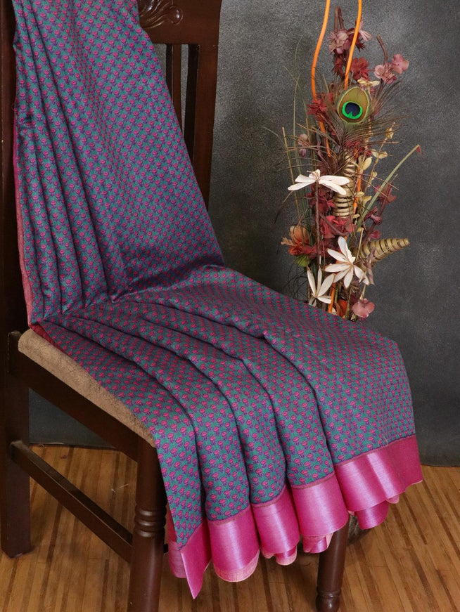 Pure tussar georgette saree peacock green and purple with allover floral prints and contrast border - {{ collection.title }} by Prashanti Sarees