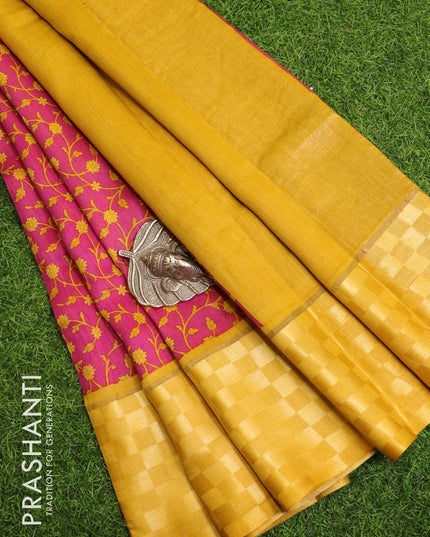 Pure tussar georgette saree pink and mustard yellow with allover floral prints and contrast border - {{ collection.title }} by Prashanti Sarees