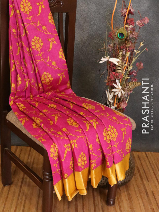 Pure tussar georgette saree pink and yellow with allover floral prints and contrast border - {{ collection.title }} by Prashanti Sarees