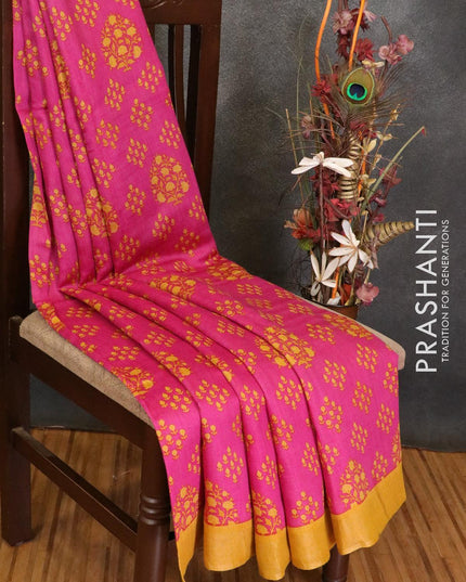 Pure tussar georgette saree pink and yellow with allover floral prints and zari woven border - {{ collection.title }} by Prashanti Sarees
