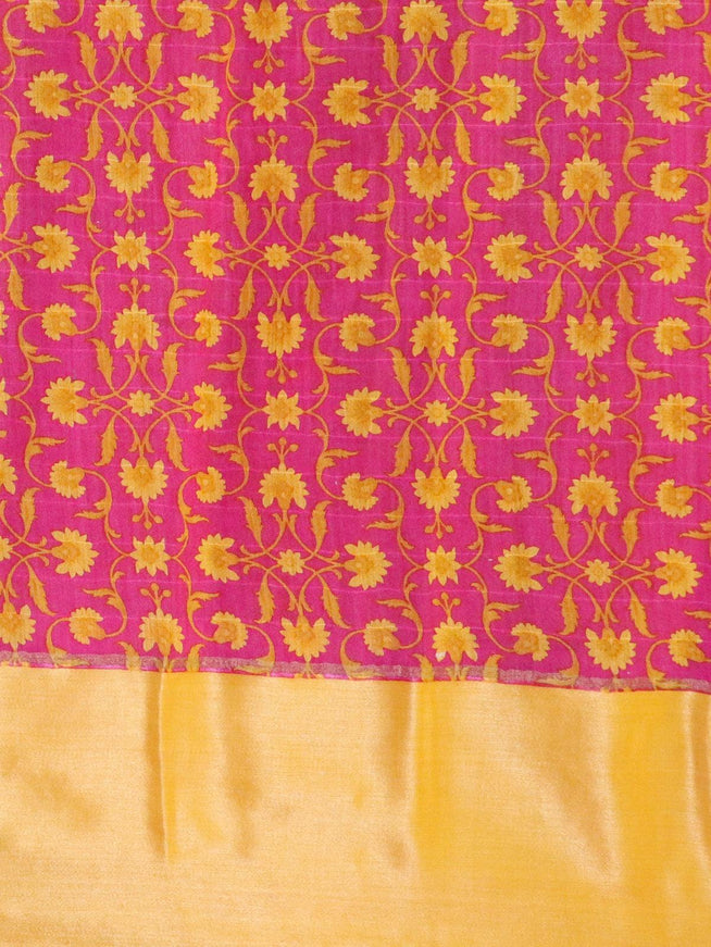 Pure tussar georgette saree pink and yellow with plain body and printed border - {{ collection.title }} by Prashanti Sarees
