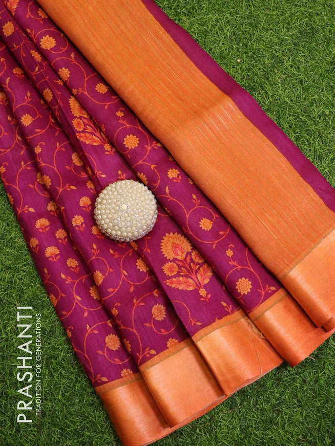 Pure tussar georgette saree purple and orange with allover floral prints and contrast border - {{ collection.title }} by Prashanti Sarees