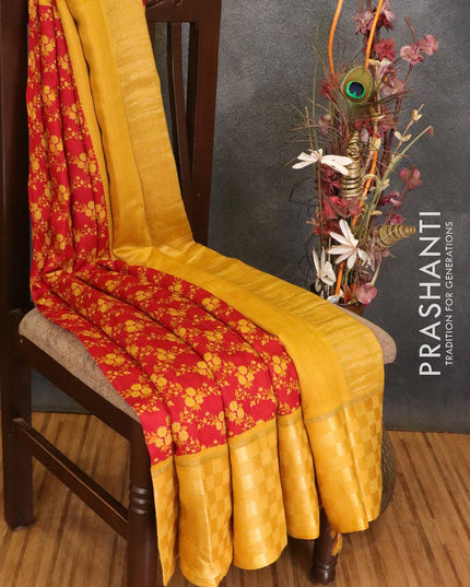 Pure tussar georgette saree red and mustard yellow with allover floral prints and contrast border - {{ collection.title }} by Prashanti Sarees