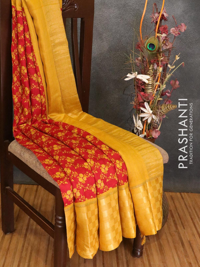Pure tussar georgette saree red and mustard yellow with allover floral prints and contrast border - {{ collection.title }} by Prashanti Sarees
