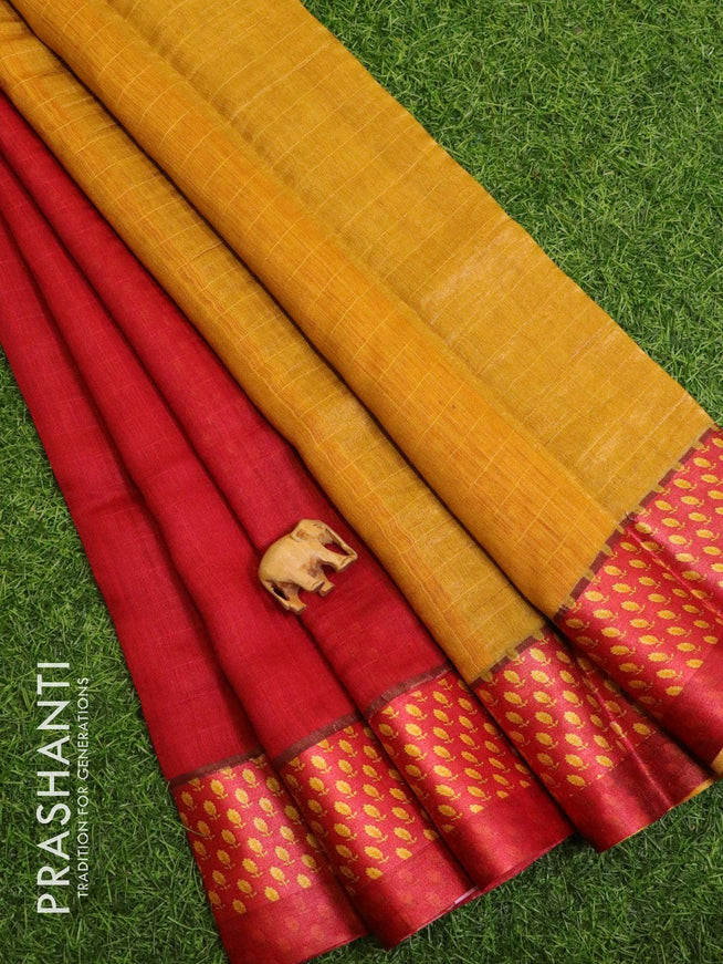Pure tussar georgette saree red and mustard yellow with plain body and printed border - {{ collection.title }} by Prashanti Sarees