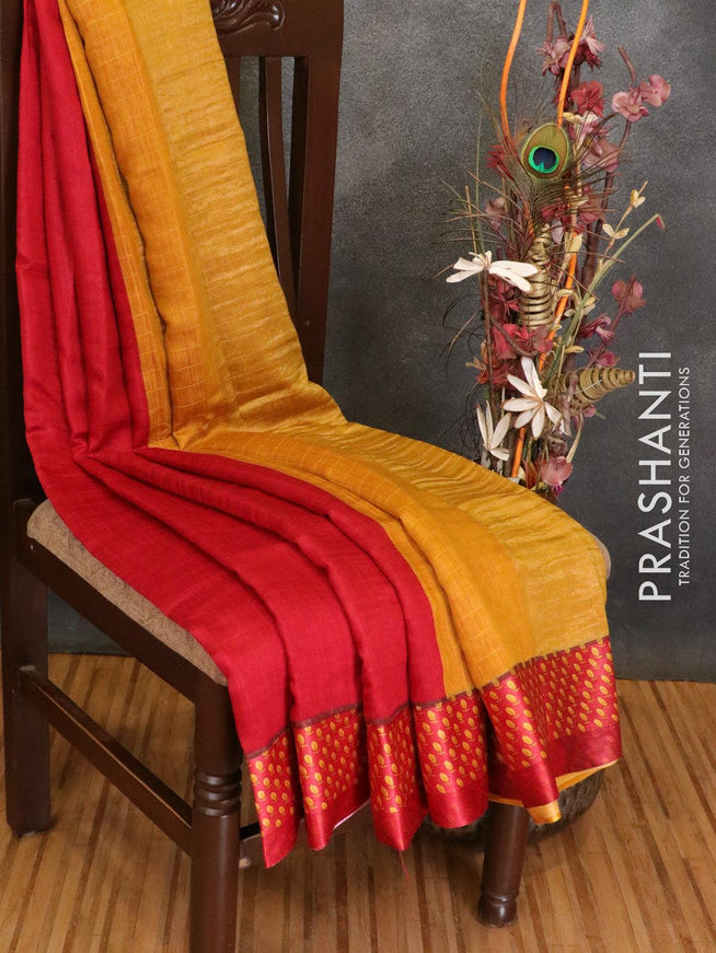 Pure tussar georgette saree red and mustard yellow with plain body and printed border - {{ collection.title }} by Prashanti Sarees