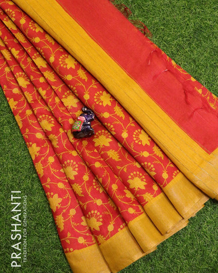 Pure tussar georgette saree red and yellow with allover floral prints and zari woven border - {{ collection.title }} by Prashanti Sarees