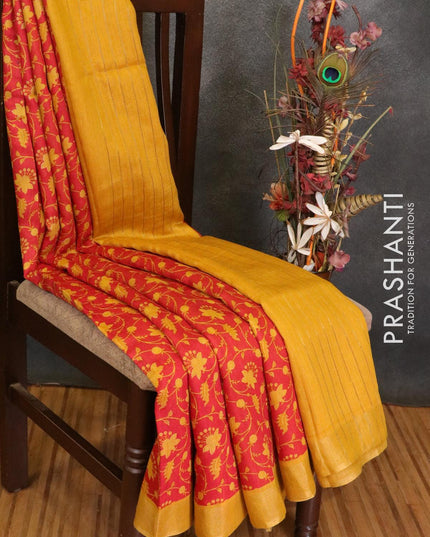 Pure tussar georgette saree red and yellow with allover floral prints and zari woven border - {{ collection.title }} by Prashanti Sarees