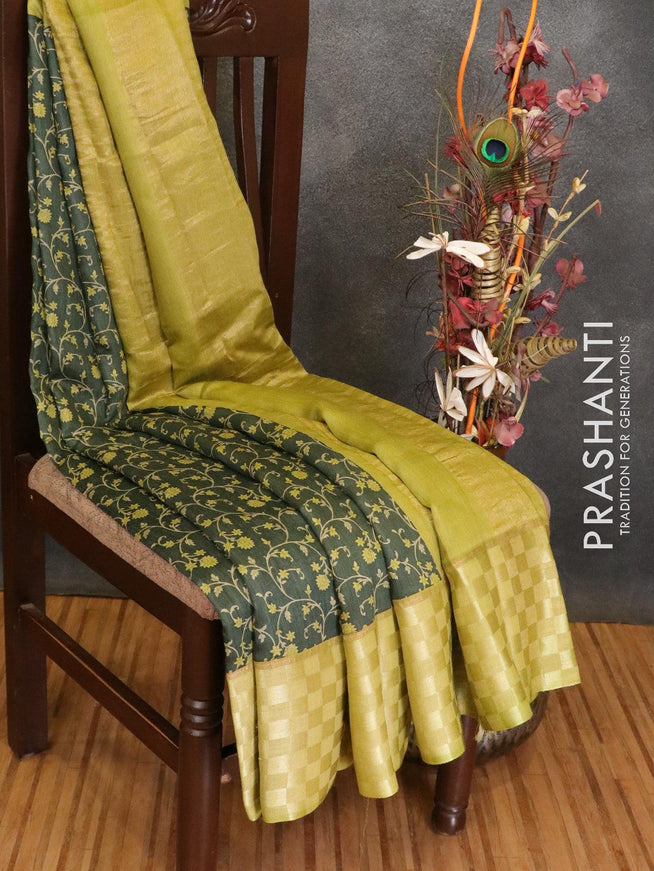 Pure tussar georgette saree sap green and light green with allover floral prints and contrast border - {{ collection.title }} by Prashanti Sarees