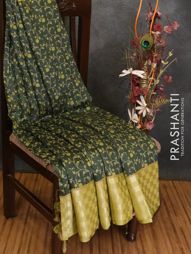 Pure tussar georgette saree sap green and light green with allover floral prints and contrast border - {{ collection.title }} by Prashanti Sarees
